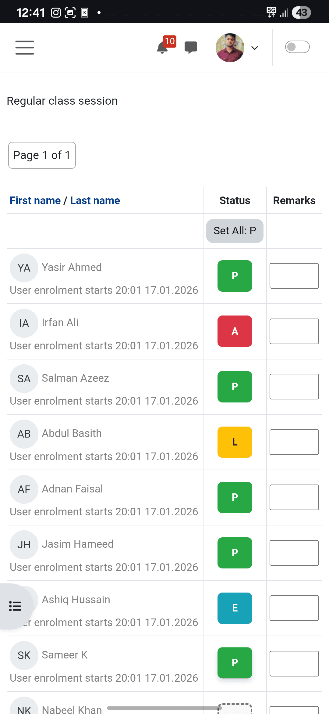 After: attendance values aligned properly