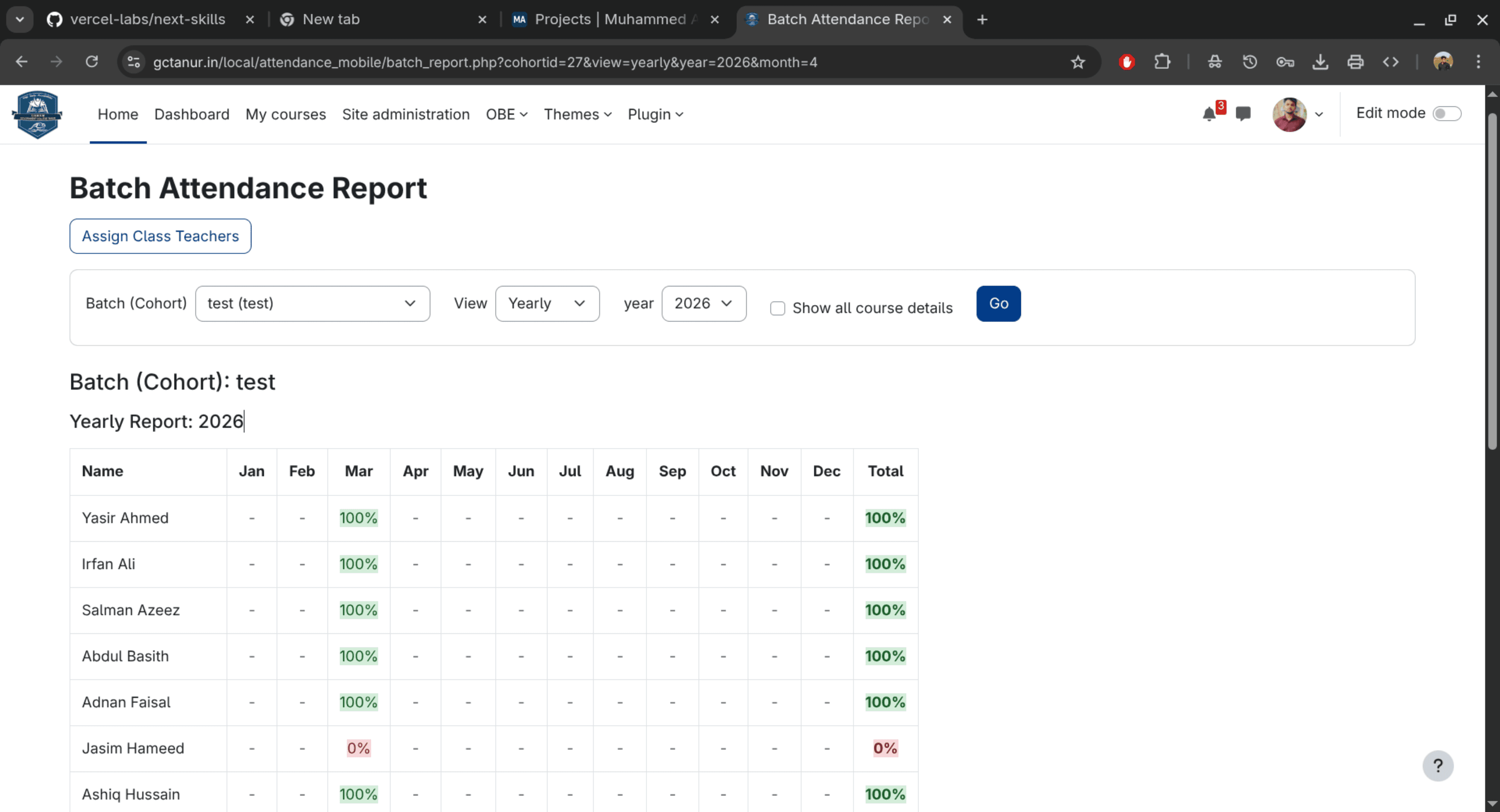 Batch-separated attendance report