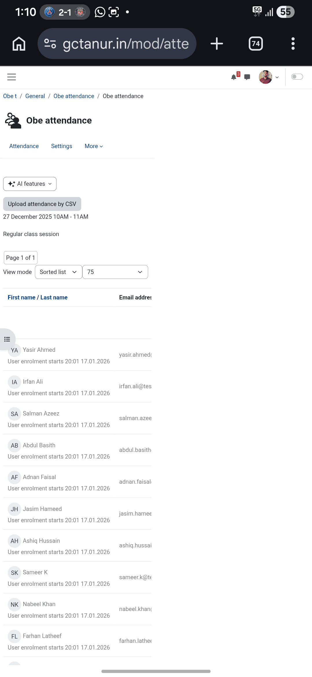 Before: attendance taking page on mobile