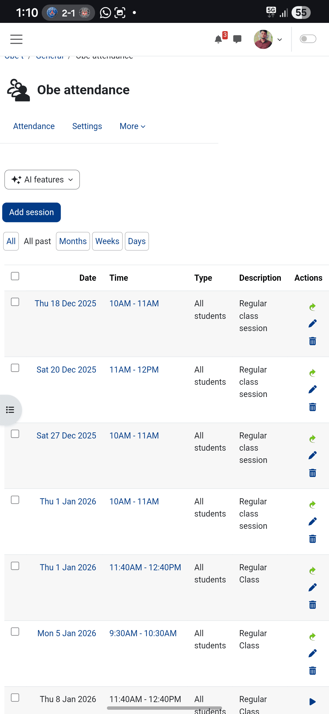Before: all sessions page on mobile